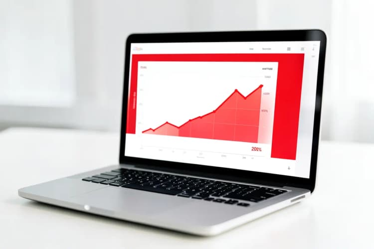 Um notebook com a tela mostrando um gráfico de uso de CPU em 20%.