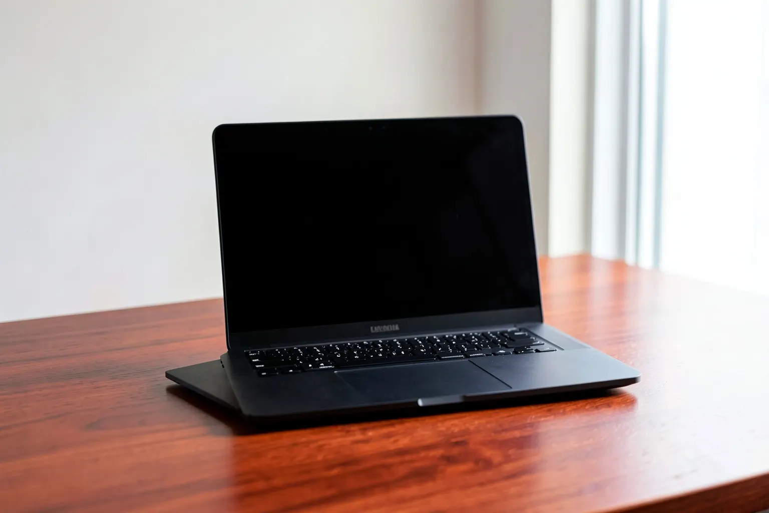 Um notebook aberto sobre uma mesa de madeira com um cabo de carregador conectado.